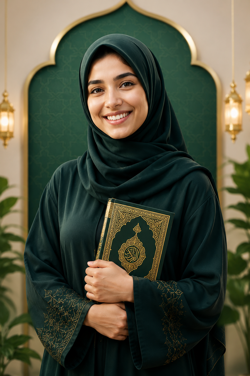 Female Quran teacher smiling, holding a copy of the Quran